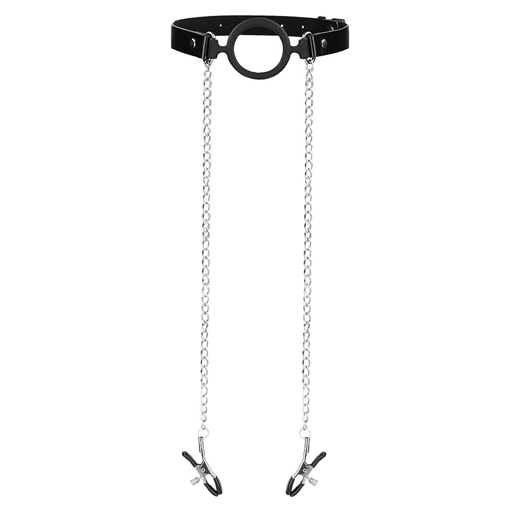 The Ouch O Ring Gag With Nipple Clamps from Forbidden Passion