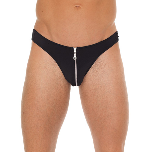 The Mens Black GString With Zipper On Pouch from Forbidden Passion