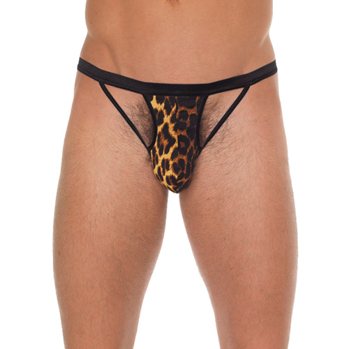 The Mens Black GString With Black Straps To Animal Print Pouch from Forbidden Passion