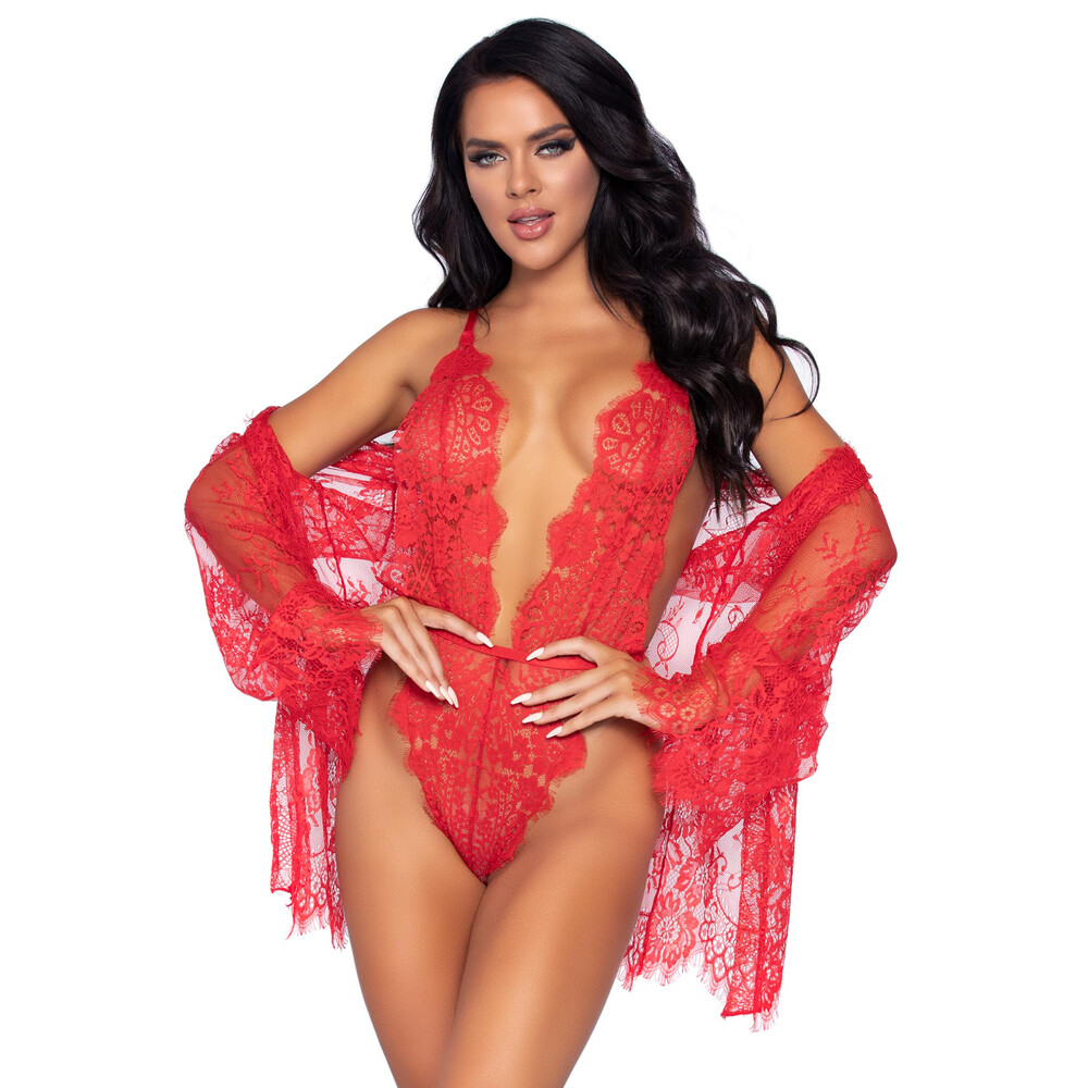 The Leg Avenue Floral Lace Teddy and Robe Red from Forbidden Passion