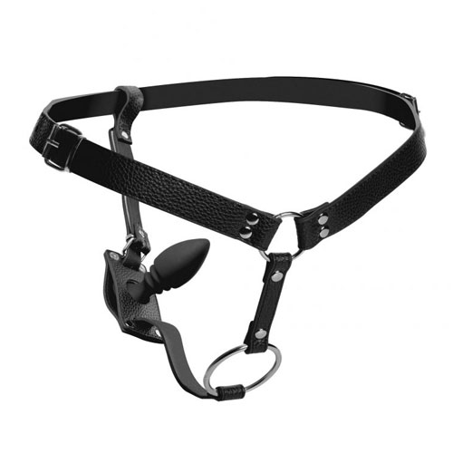 The XR Strict Male Cock Ring Harness with Silicone Anal Plug from Forbidden Passion