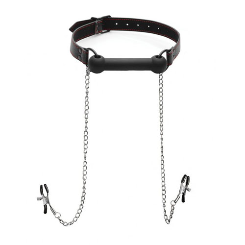 The XR Silicone Bit Gag with Nipple Clamps from Forbidden Passion
