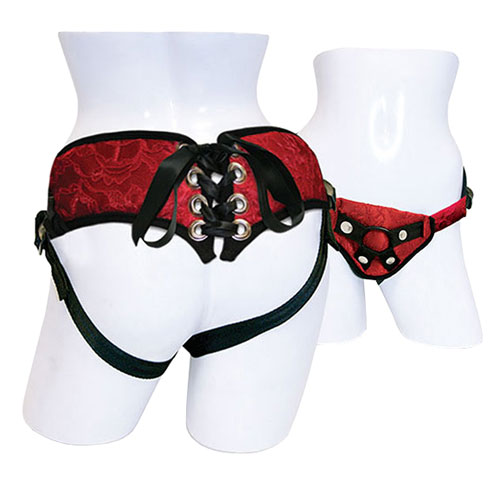 The SportSheets Red Lace With Satin Corsette Strap On from Forbidden Passion
