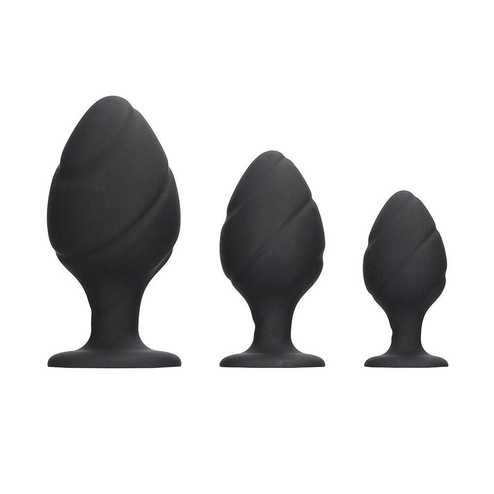 The Ouch Silicone Swirled Butt Plug Set Black from Forbidden Passion