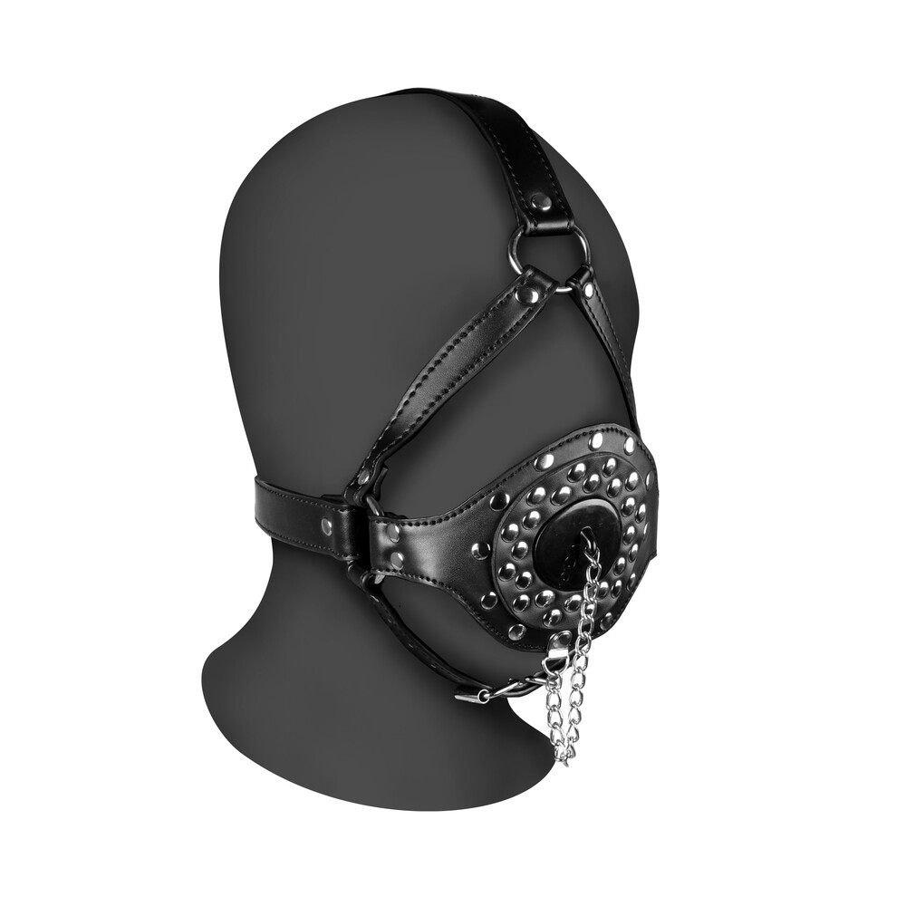 The Open Mouth Gag Head Harness with Plug Stopper from Forbidden Passion