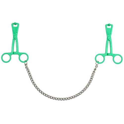 The Green Scissor Nipple Clamps With Metal Chain from Forbidden Passion