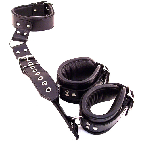 The Rouge Garments Black Leather Neck to Wrist Restraints from Forbidden Passion