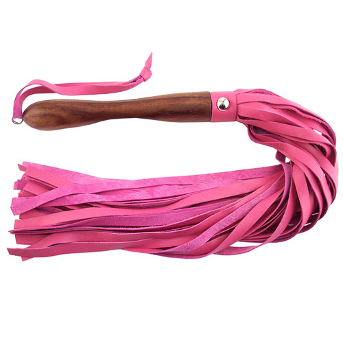 The Rouge Garments Wooden Handled Pink Leather Flogger from Forbidden Passion