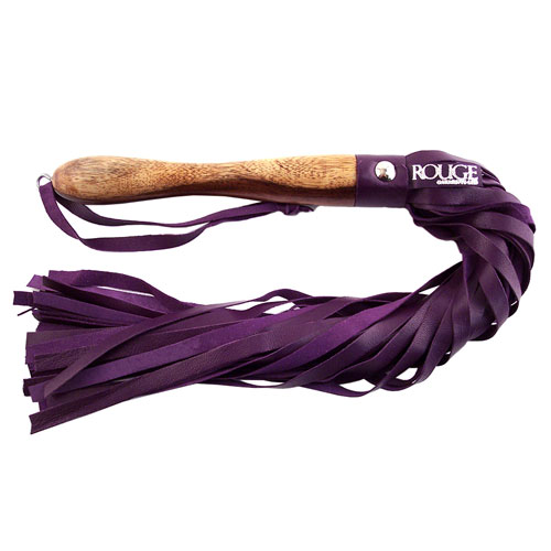 The Rouge Garments Wooden Handled Purple Leather Flogger from Forbidden Passion